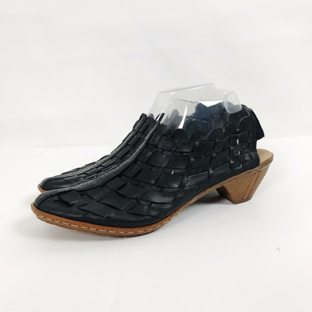 Rieker Sina Black Leather Woven Slingback Mules 10